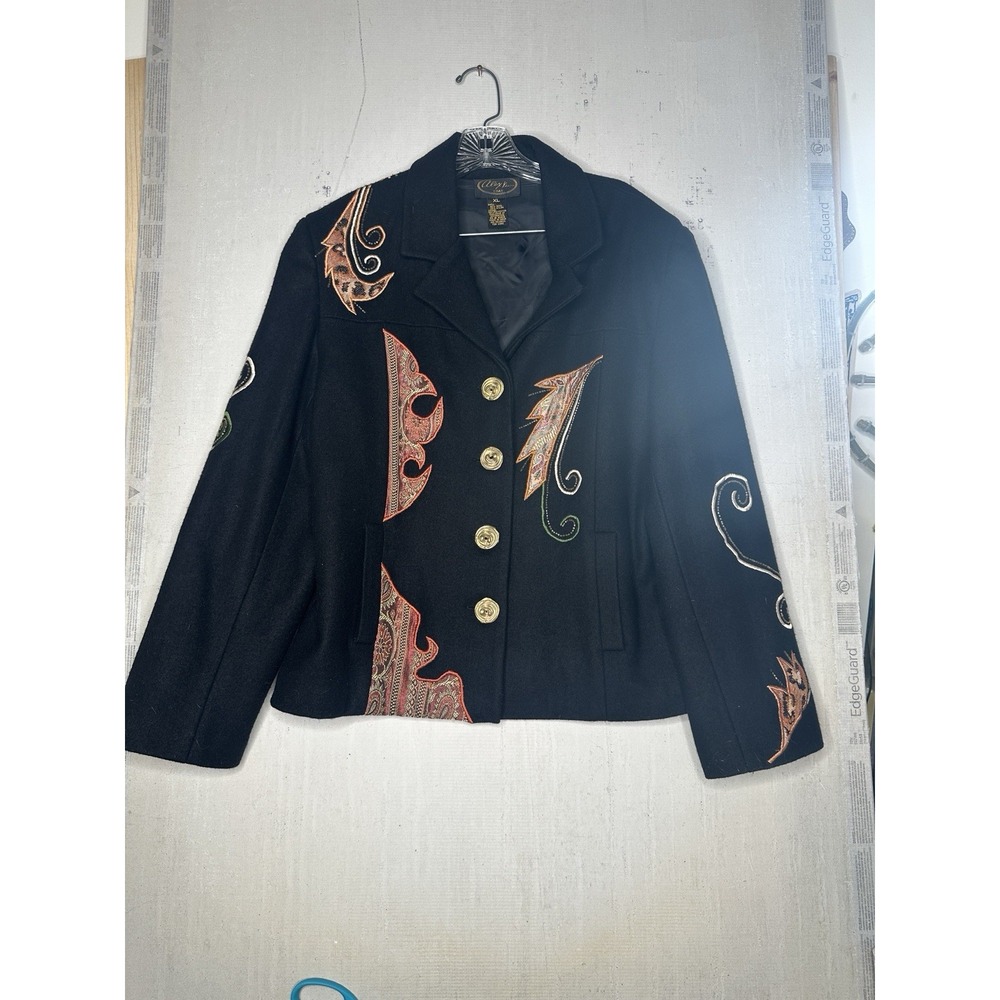Vintage Alex Ku Paisley‎ Beaded Patchwork Wool Jacket w/ Gold Buttons | Size: XL